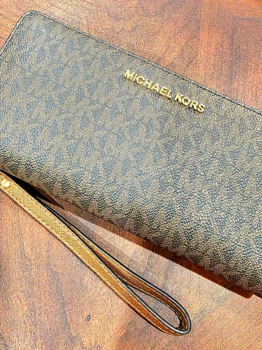Michael Kors Brown Leather Zip Wallet with Gold Hardware Wristlet